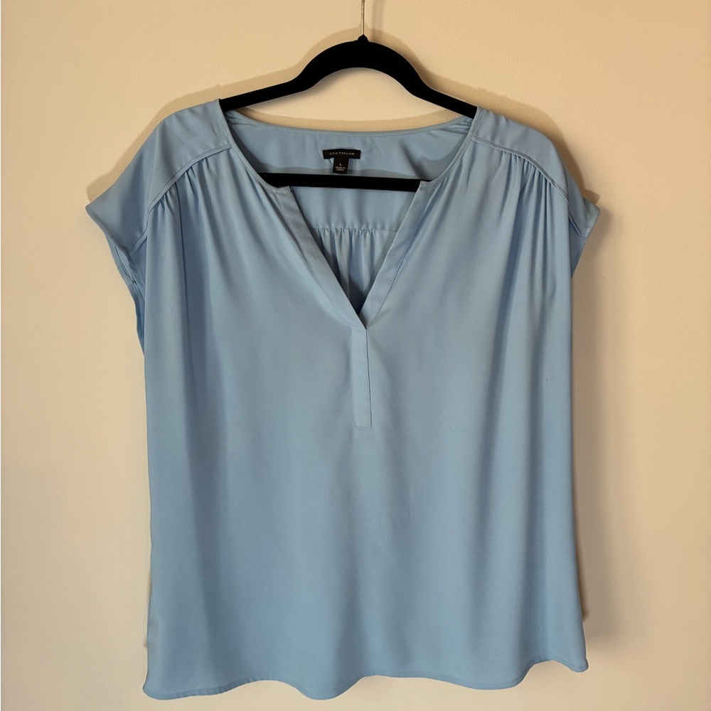Ann Taylor Baby Blue Relaxed Blouse with Cap Sleeves